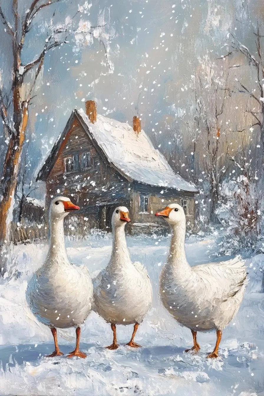  Three white ducks standing in the snow with a quaint house in the background, evoking a serene winter scene.