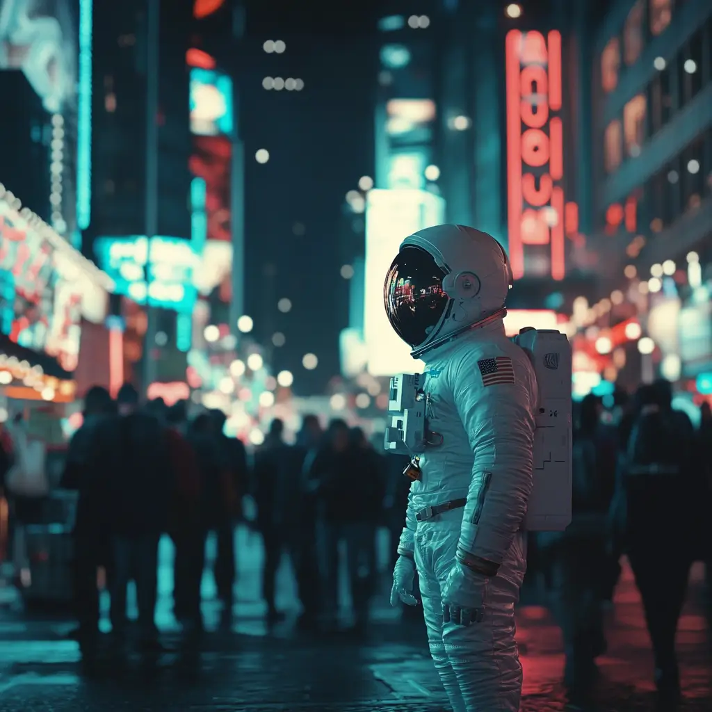 Astronaut on neon-lit street at night, crowds rushing by in blurred motion.