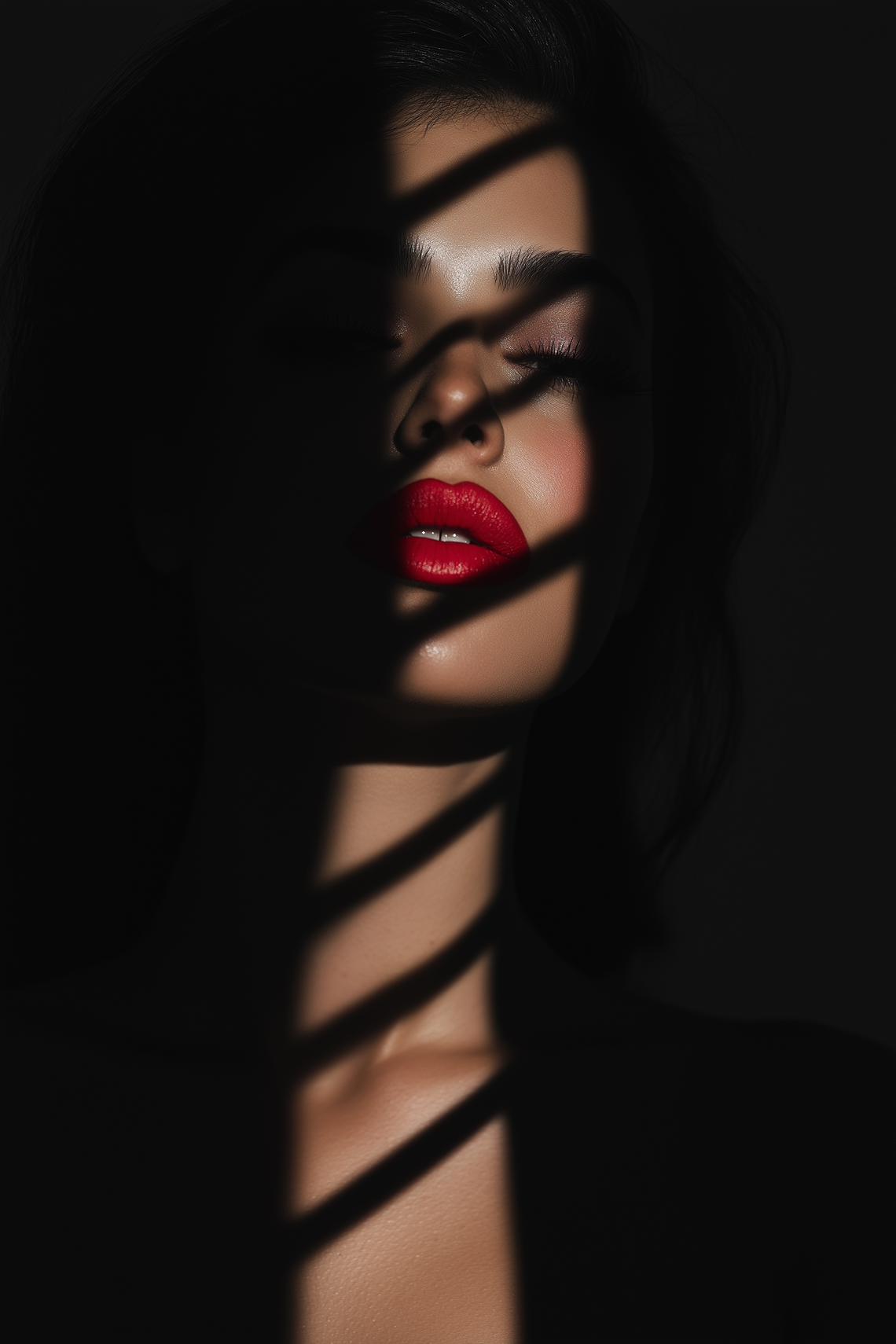 Elegant woman with red lipstick, soft shadows, black backdrop, beauty photography