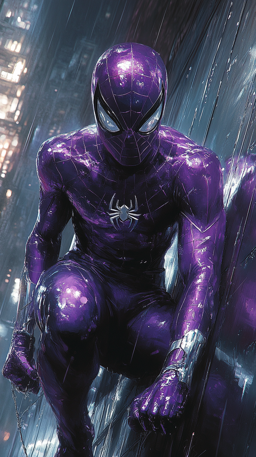 Spider-Man in vibrant purple suit with silver webbing wall-crawling on a futuristic chrome building