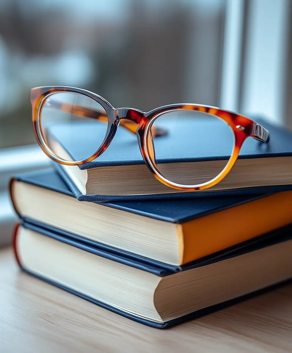 Stack of books in multiple sizes and colors with a pair of glasses on top, symbolizing a love for reading.