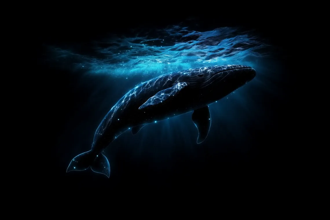 Chibi whale with a glowing blue starry edge in a dark ocean setting.