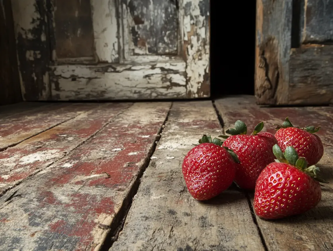 Fresh ripe strawberries in varying shades of red with green stems on a rustic wooden floor.