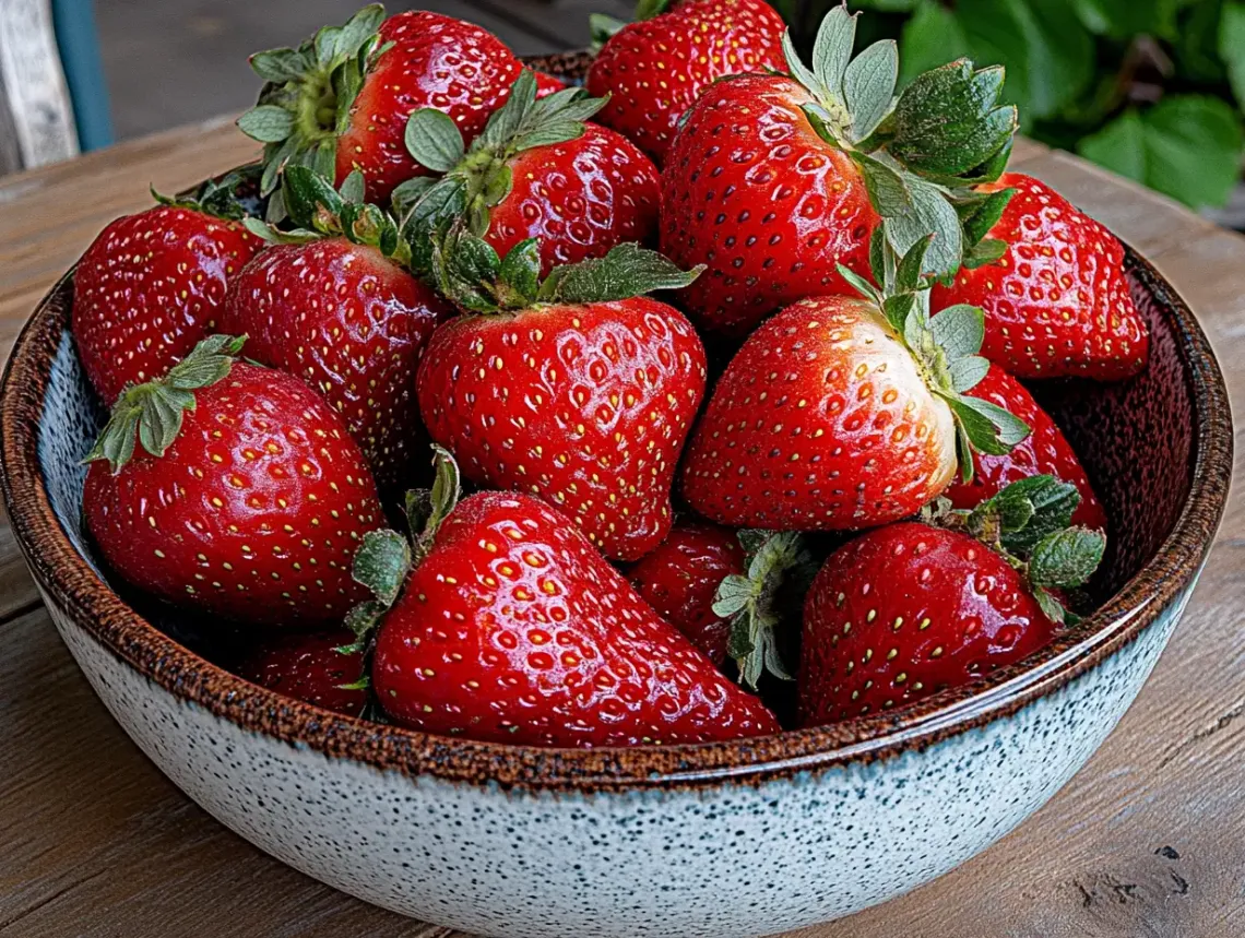 "Bowl of ripe, red strawberries on a rustic wooden table, focusing on simplicity and natural beauty"