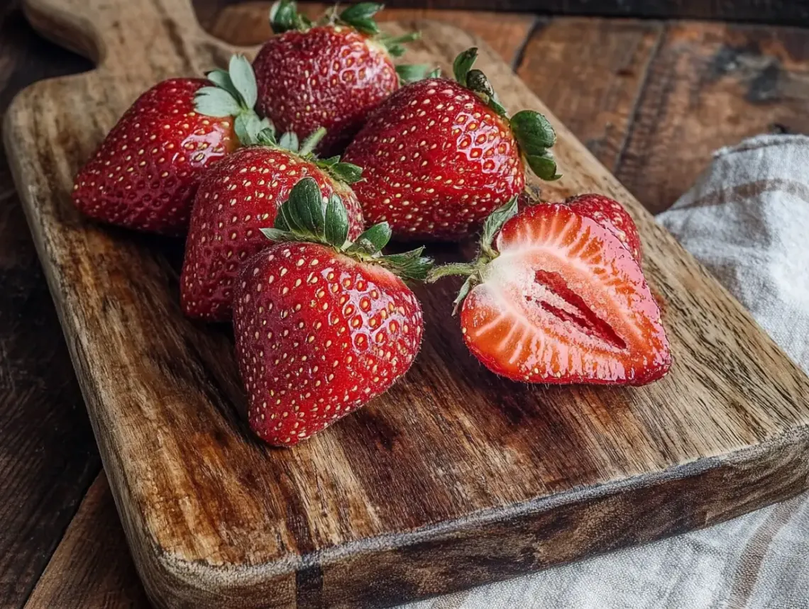 Fresh ripe strawberries neatly arranged on a well-worn wooden cutting board.