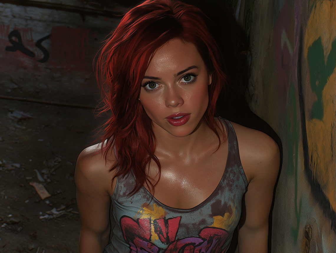 Close-up of woman with shoulder-length wavy red hair, wearing a t-shirt, standing against graffiti walls