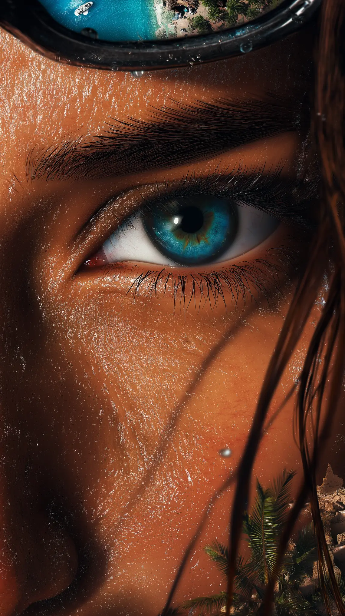 Close-up of a woman with goggles, featuring a striking blue eye.