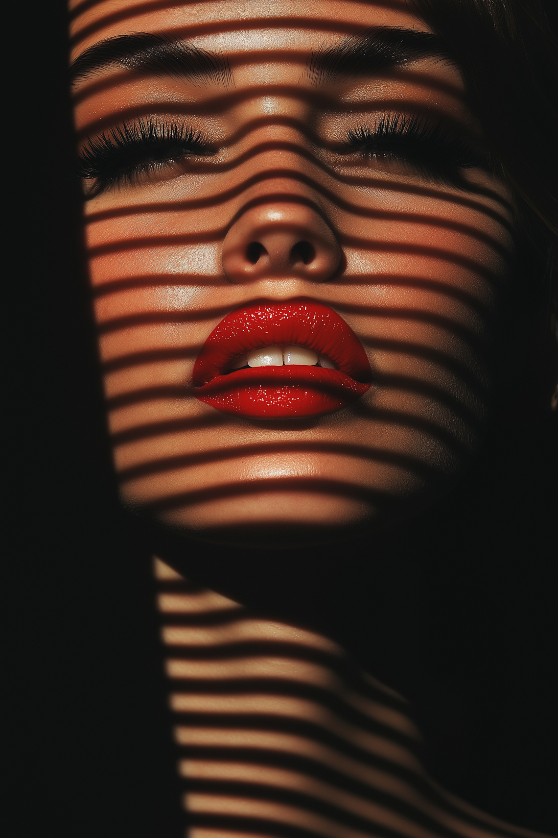 Portrait of woman with red lipstick, soft shadows, dark background, beauty photography