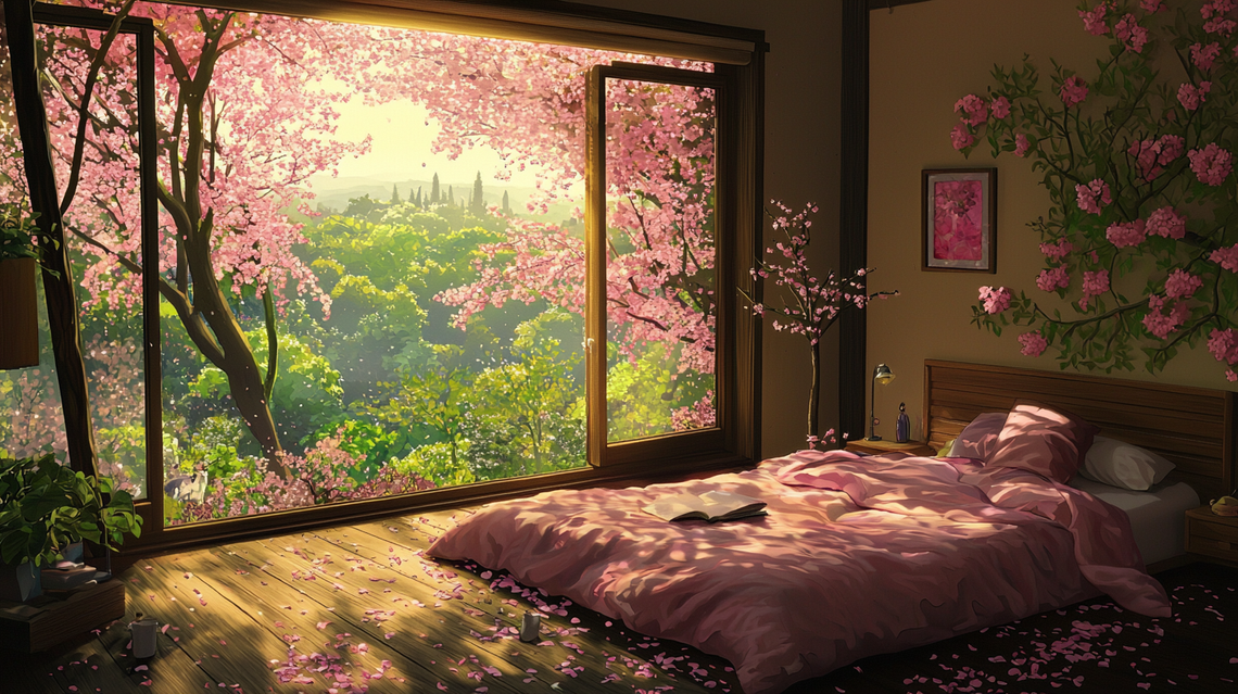 Anime-style bedroom with cherry blossoms and forest view in Studio Ghibli aesthetic