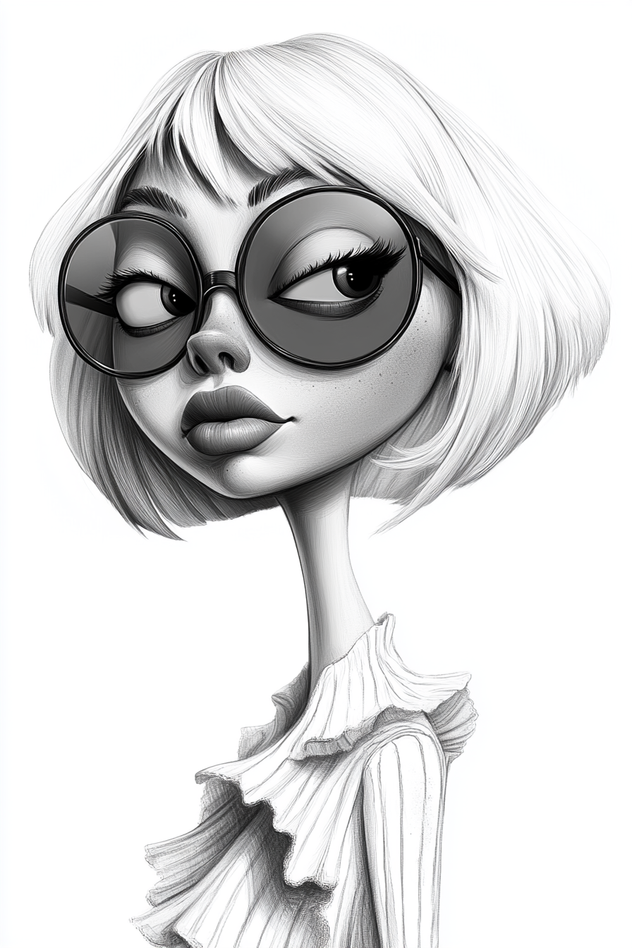 Light grayscale caricature of a stylish cartoon woman with exaggerated features, sunglasses, and a fur coat