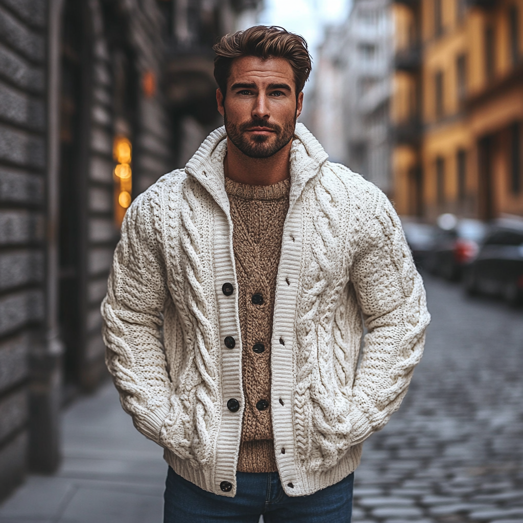 Muscular man in knitted jacquard cardigan, standing on a street with hands in pockets, front view