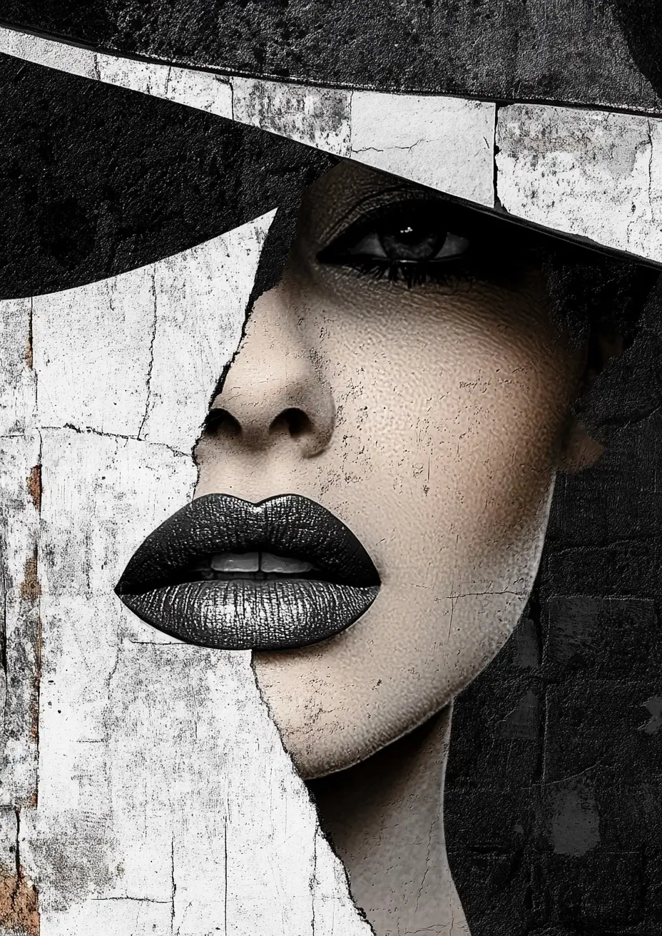 Woman wearing a hat and lipstick, with a focus on her face.