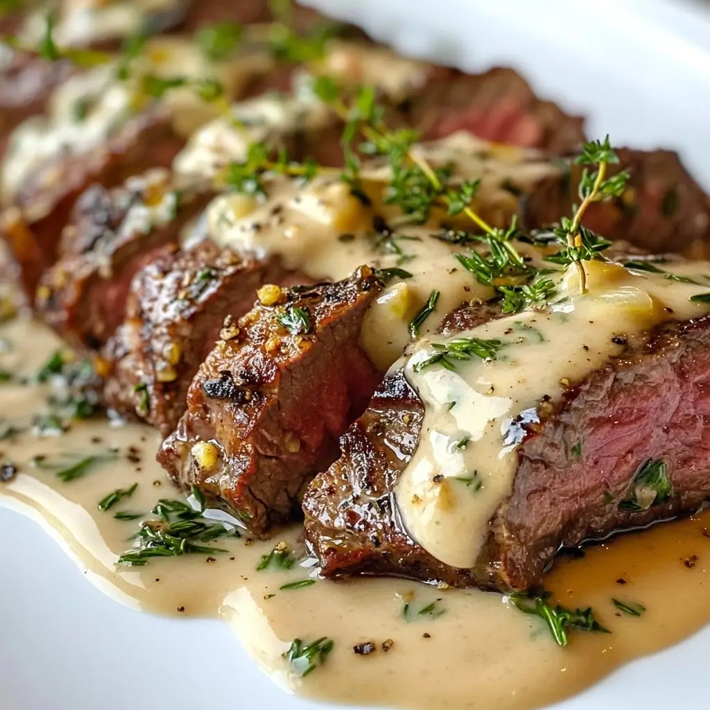 A tantalizing plate of perfectly cooked steak with a rich sauce drizzled over and fresh herbs sprinkled. 