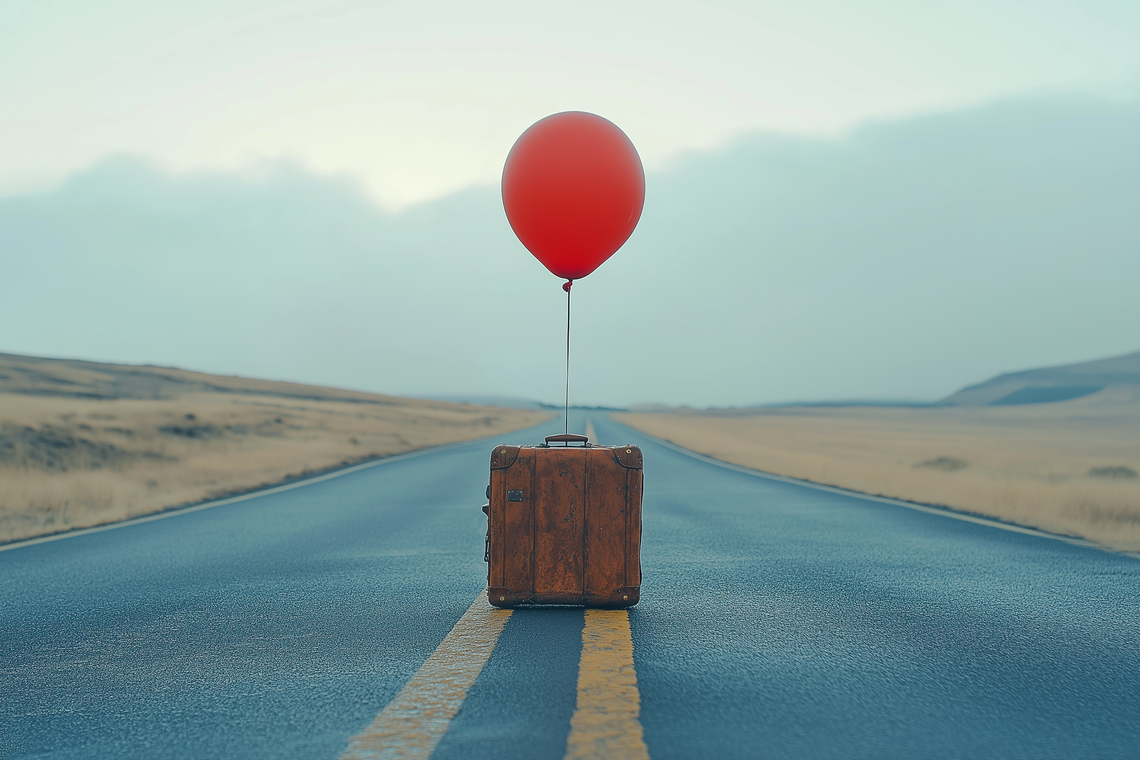 Suitcase on empty road with a single balloon attached, representing travel and adventure with scenic background.