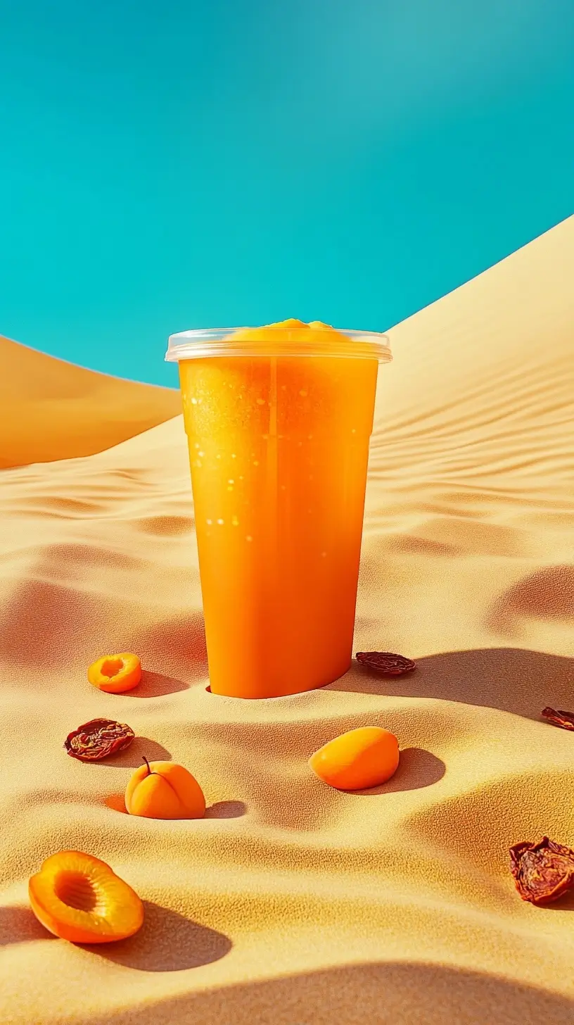 A plastic cup filled with orange juice in the spotlight basking on a sandy beach under the golden sunlight.