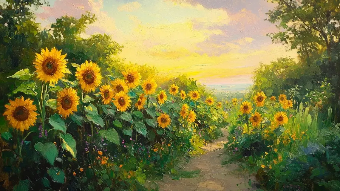 Beautiful painting of vibrant sunflowers in a lush field under the bright sun, displaying nature's full bloom.