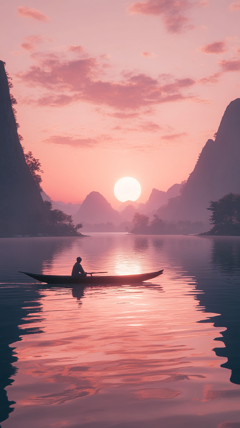 Sunset on the Lijiang River with a fisherman in a boat, pastel sky, and mountain reflections.