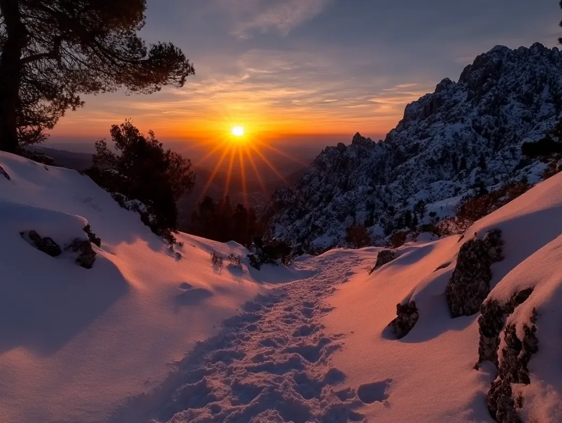 Snow-covered path leading to a majestic mountain peak at sunset with warm and cool color contrasts.