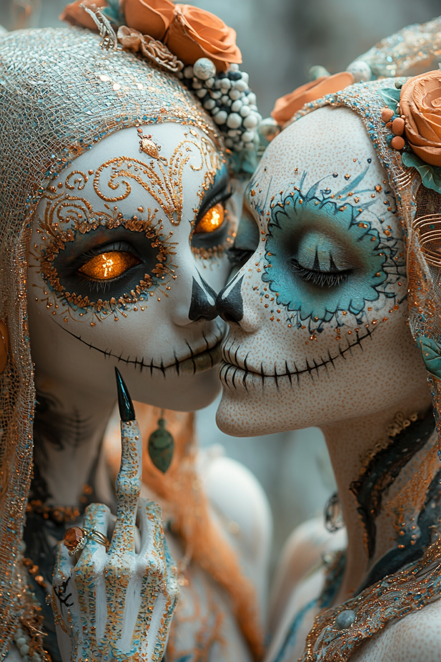 Two anthropomorphic albino figures in Día de los Muertos colors, intricate face paint, and colorful knitted ribbons