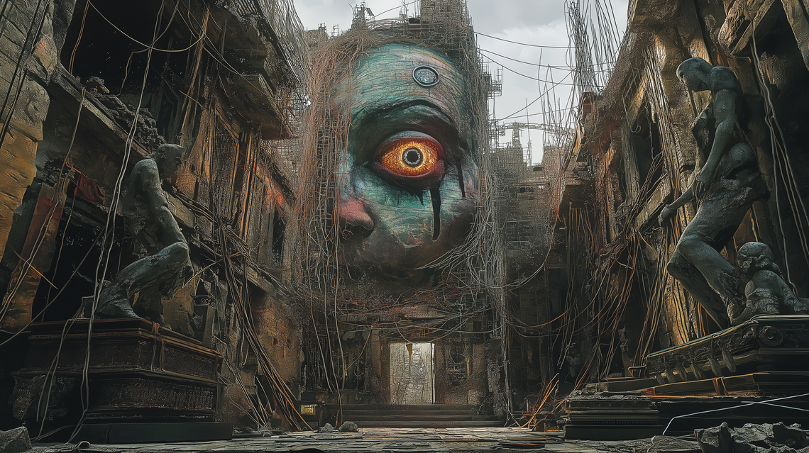 Panoramic view with clown sculptures, dilapidated buildings, wires, and central All-Seeing Eye