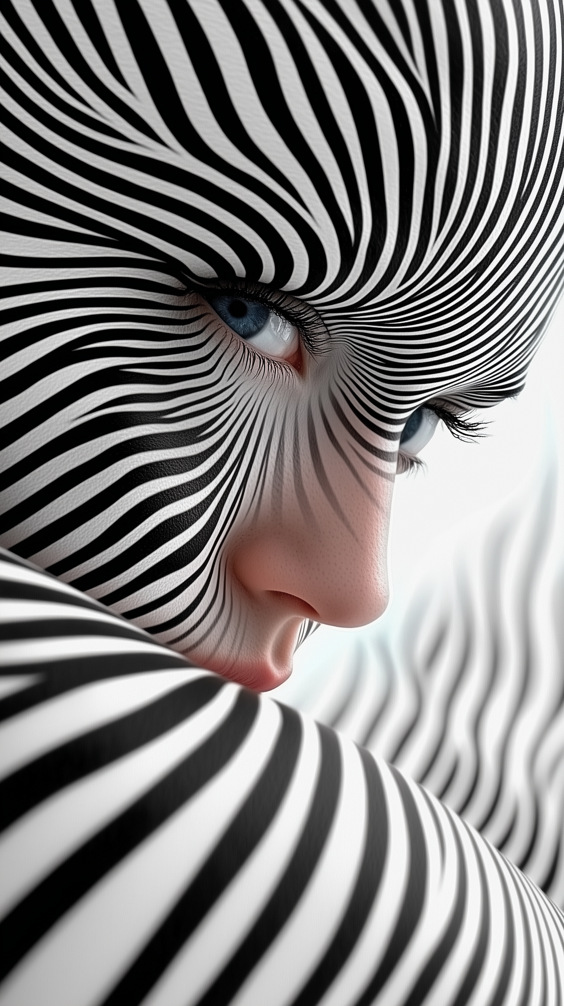 Portrait of a woman in thought, merging with surreal spiral lines in optical art style