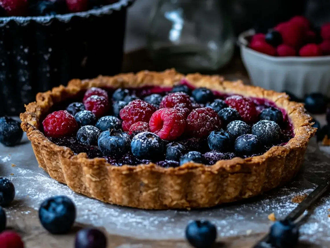 Delicious pie with golden flaky crust, topped with fresh berries and powdered sugar.