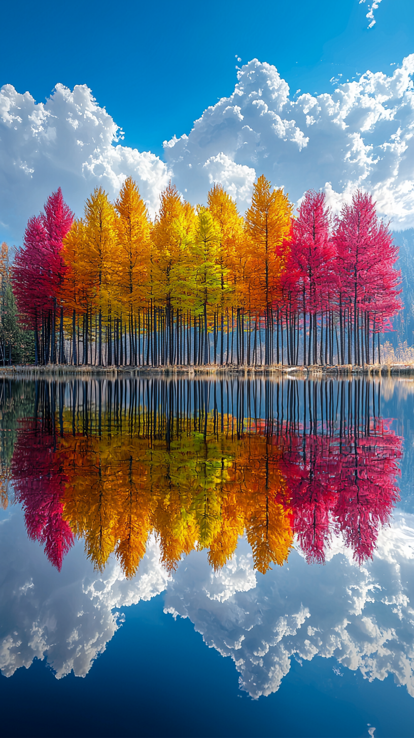 First-person view of a colorful row of trees reflected in a lake under a blue sky, ultra-high resolution