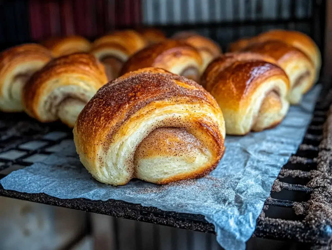 Freshly baked variety of bread rolls arranged neatly on a multi-level metal rack.