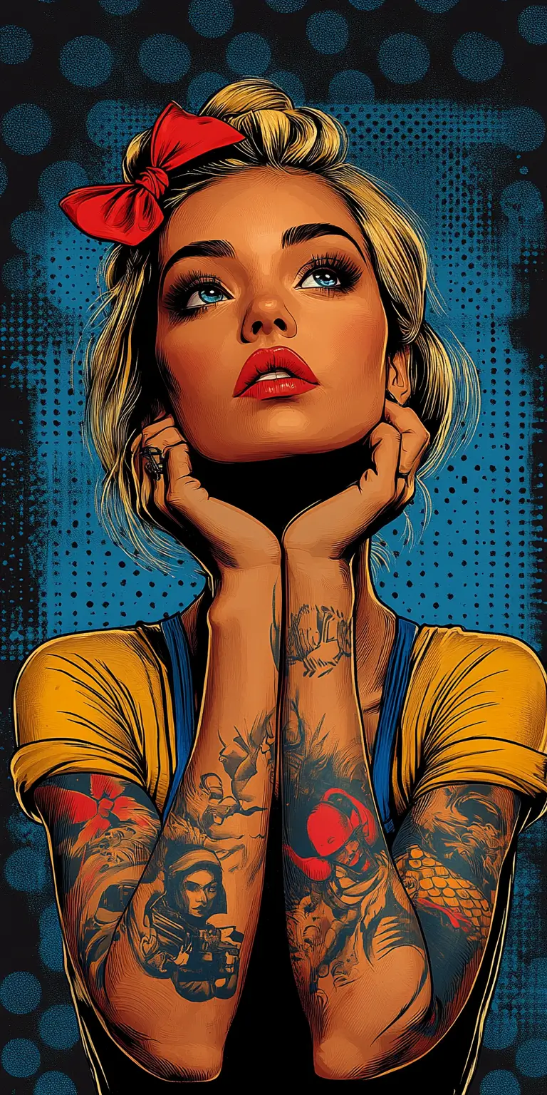 Comic-style woman with traditional tattoos against a bold blue and black dotted background.