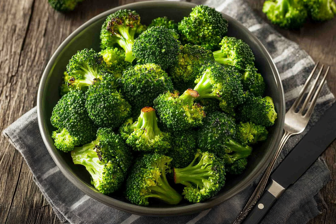 Close-up of a gray bowl with roasted broccoli florets, slightly charred, on a striped cloth with fork and knife.