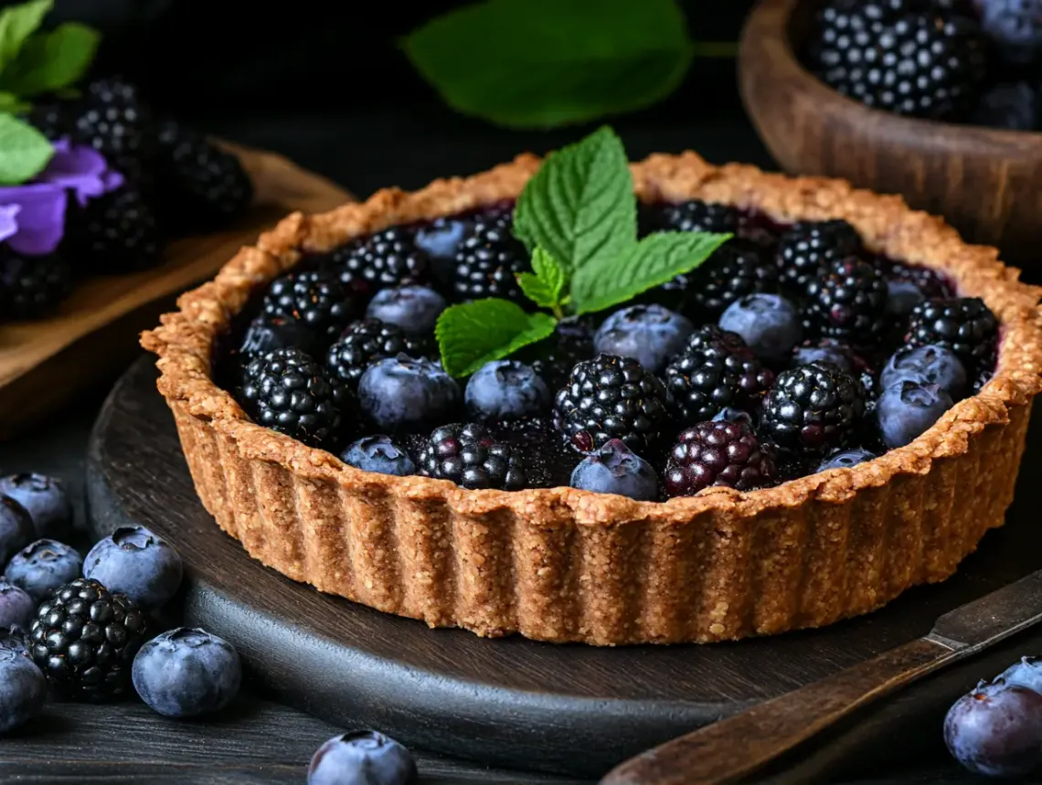 Berry tart on a wooden plate with a single leaf, highlighting freshness and indulgence.