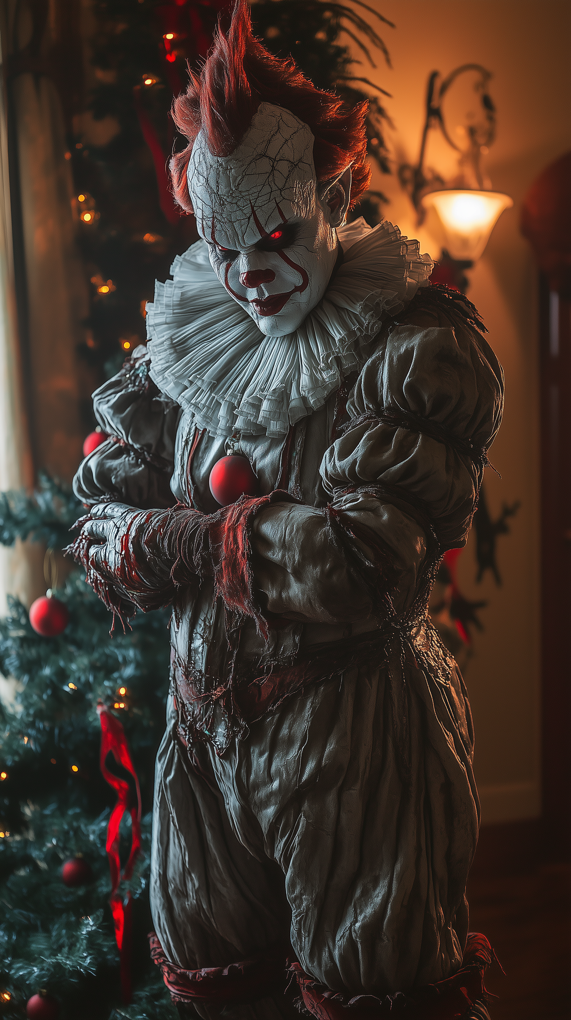 Cinematic horror depiction of demon Christmas characters inspired by Clive Barker, featuring eerie, unsettling details