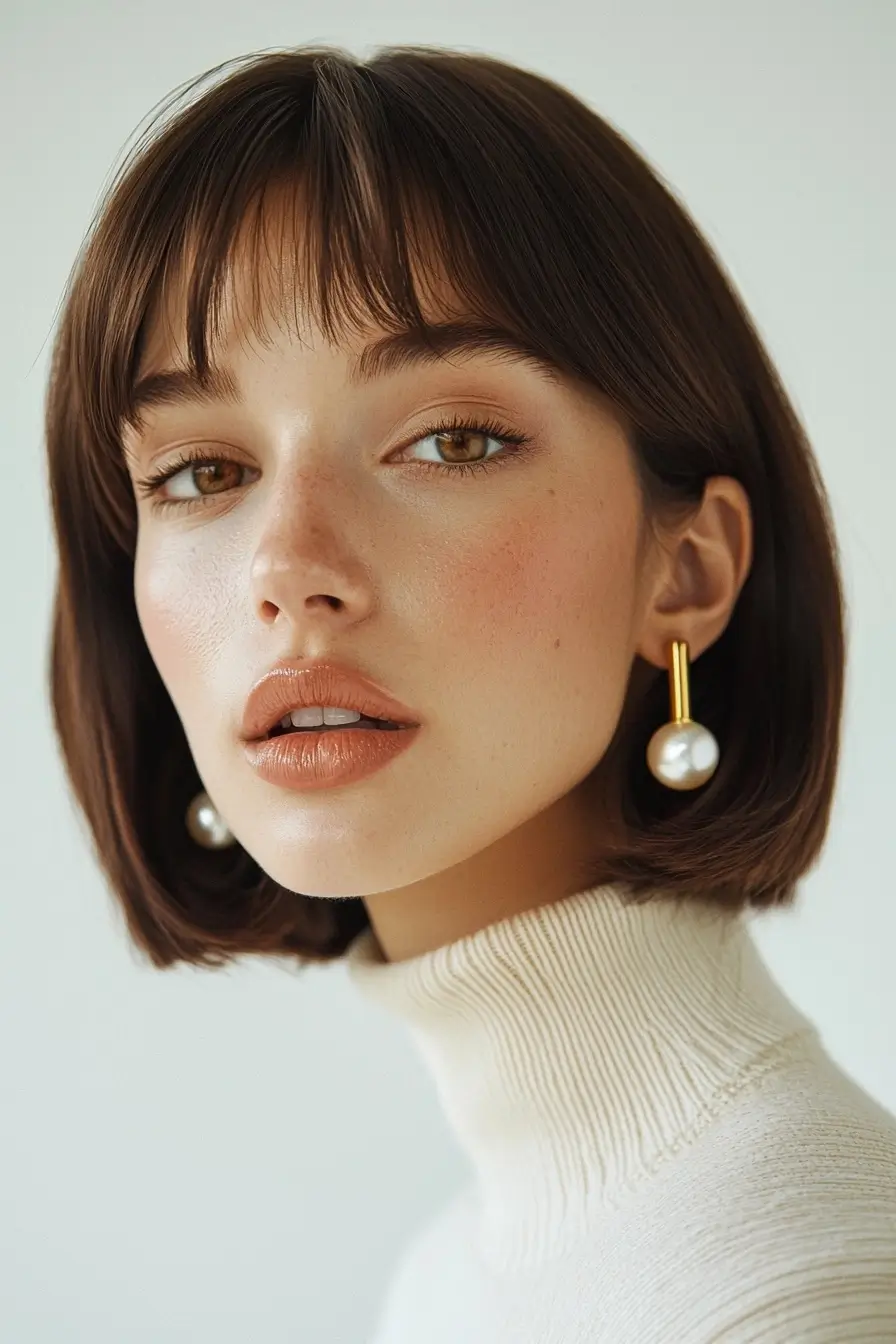 Woman in white turtleneck sweater and pearl earrings exuding elegance and sophistication