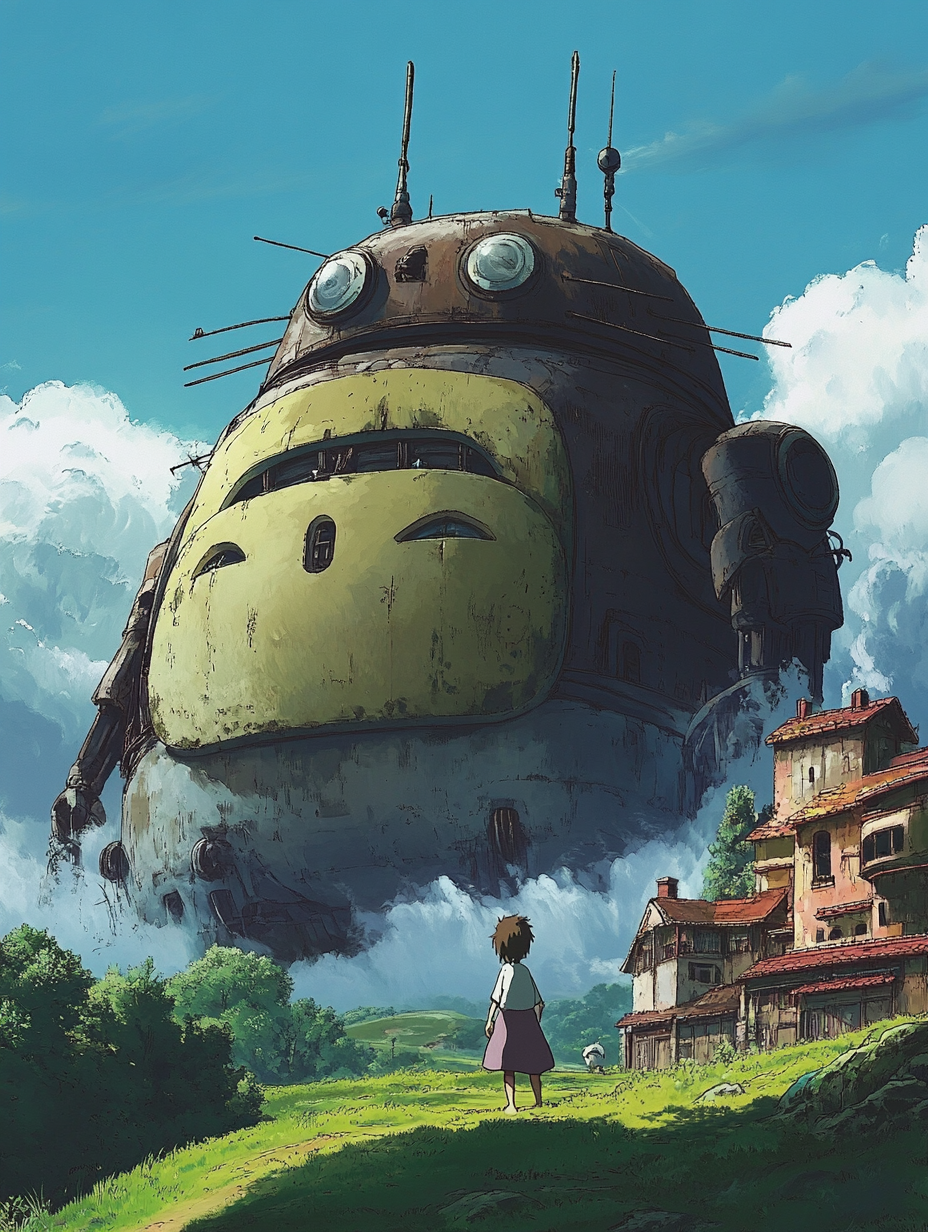 Studio Ghibli-inspired scene with whimsical landscapes and beloved characters, capturing magical storytelling.