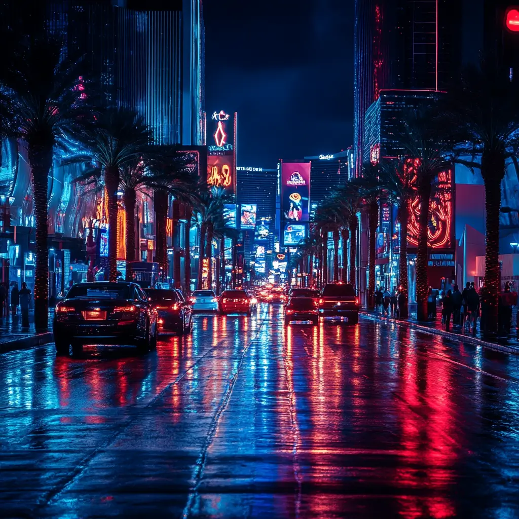 Bustling city street at night illuminated by neon lights with cars driving and modern architecture