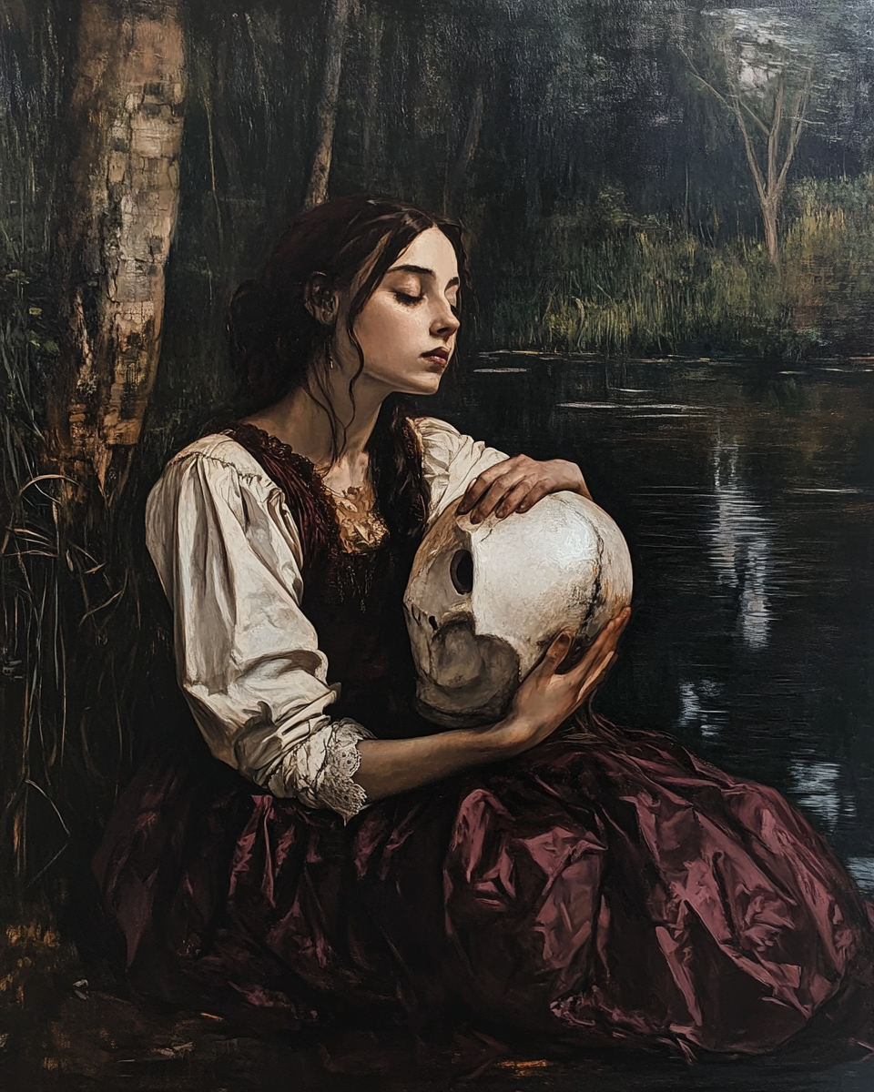 La Llorona in Baroque-inspired art, dark shadows, and rich contrasts.