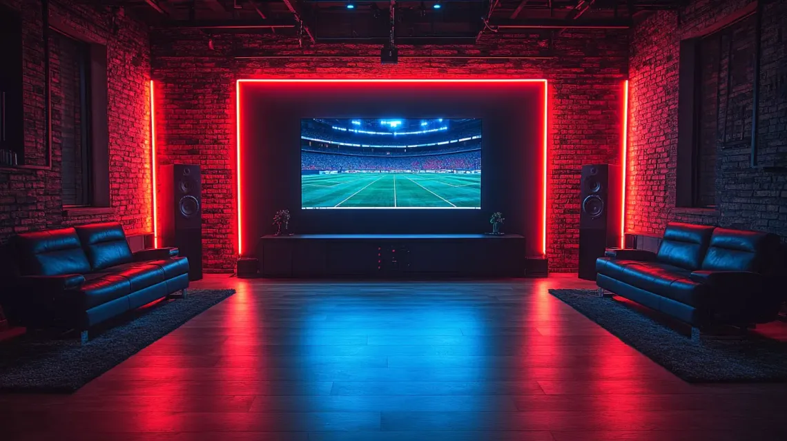 Stylish living room with a television, multiple couches, and a cozy atmosphere under red lighting.