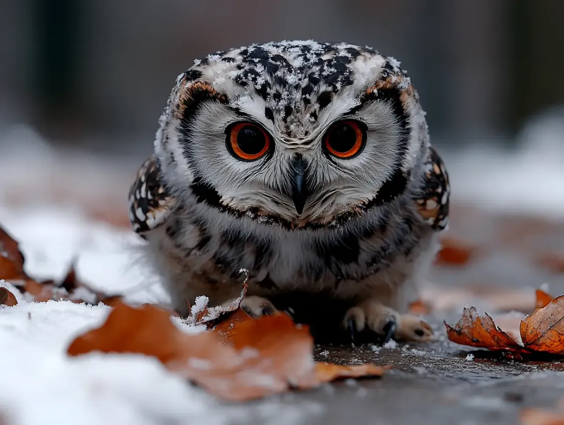 Small owl perched on a mound of vibrant autumn leaves exuding a sense of quiet wisdom and tranquility.