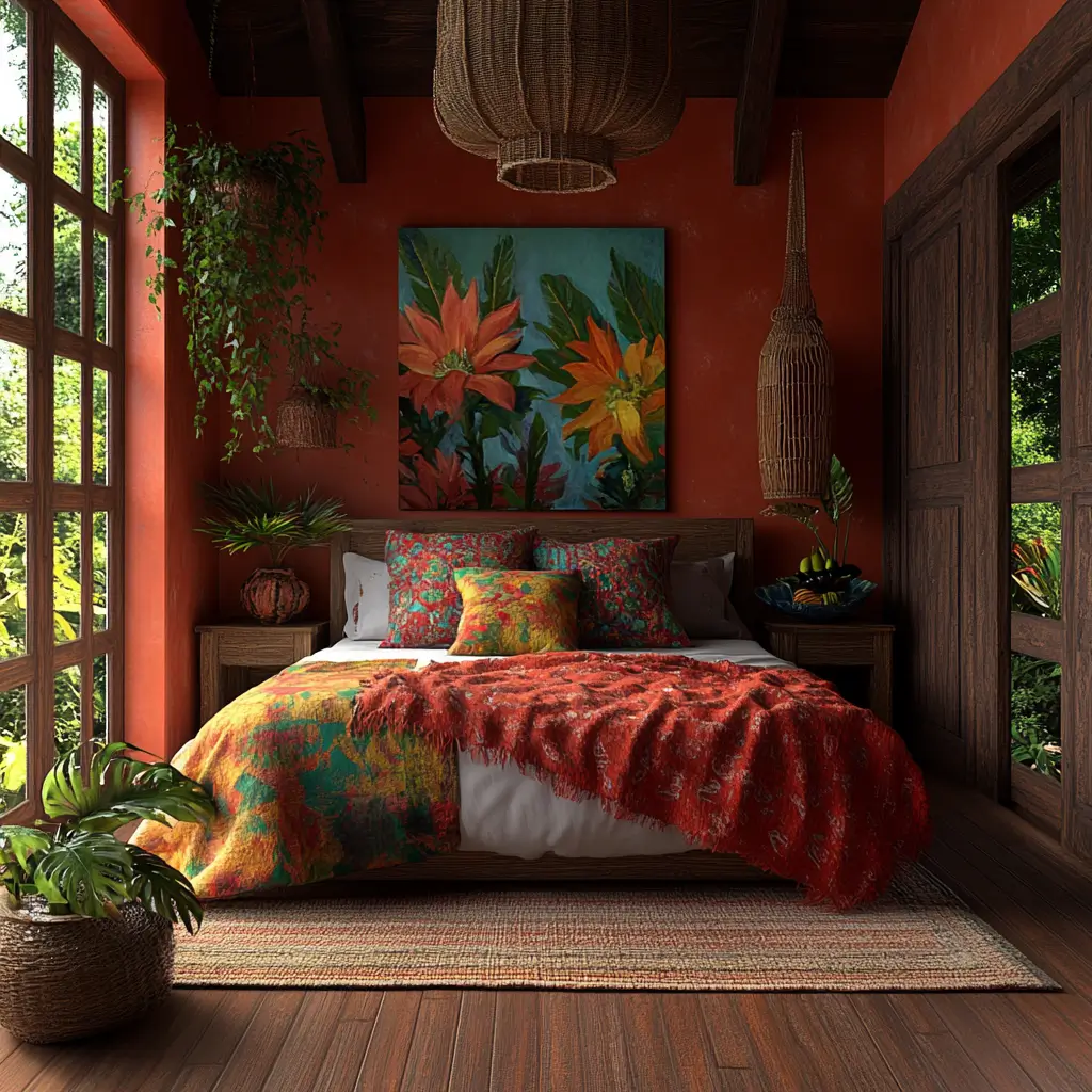 A tidy and well-organized bedroom with a neatly made bed and a painting hanging above it.