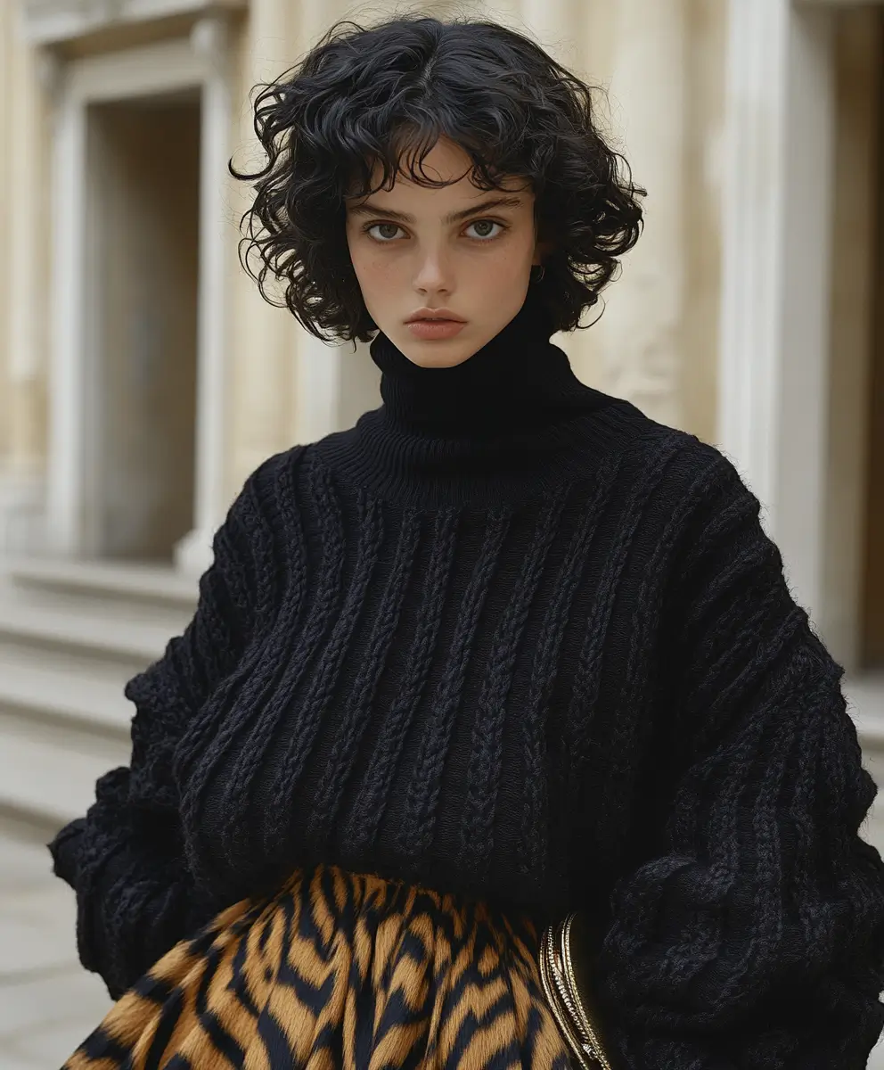 Woman in a black sweater and tiger print skirt showcasing a blend of classic elegance with a modern edge.