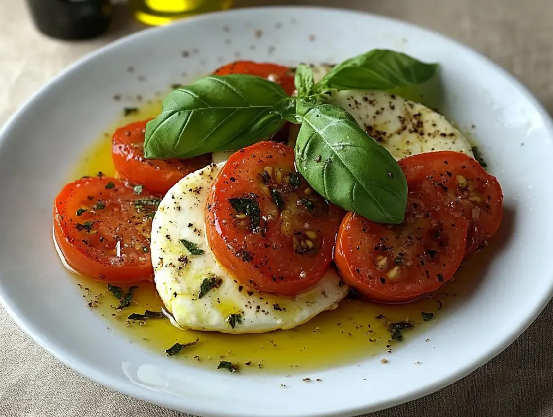 Plate of fresh tomatoes, creamy cheese, and basil leaves, creating a visually appealing meal.