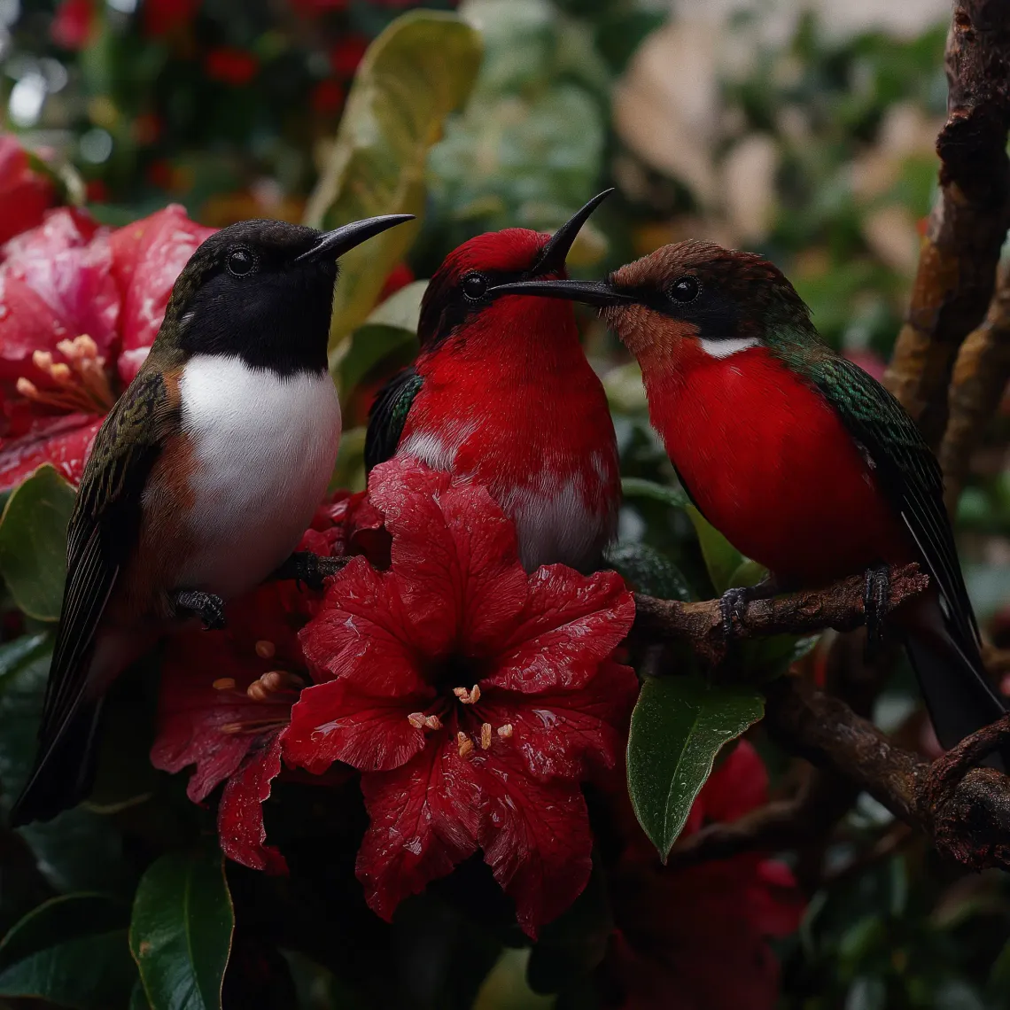 Three birds perched on a branch with red flowers and green leaves.