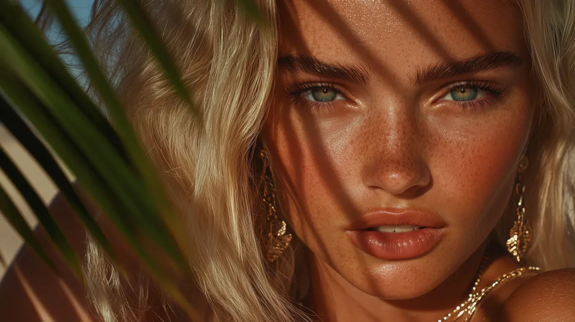 Close-up portrait of a blonde woman with tan skin, focusing on her neck, necklace, and earrings in a tropical beach setting.