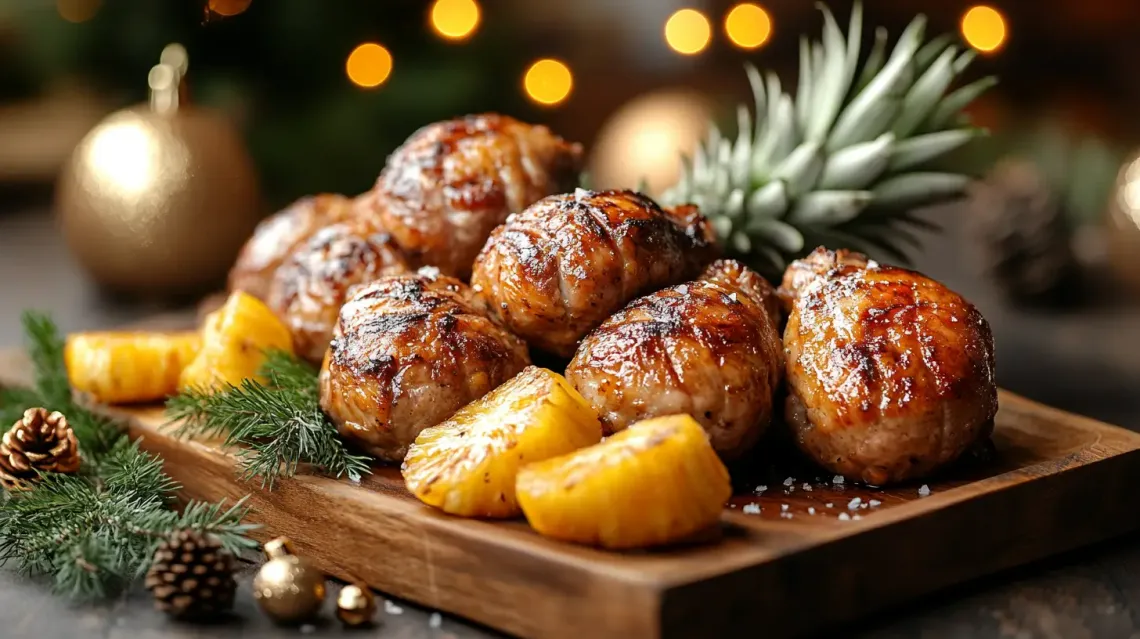 Wooden tray with fresh whole and sliced pineapples showcasing their vibrant yellow color and texture.