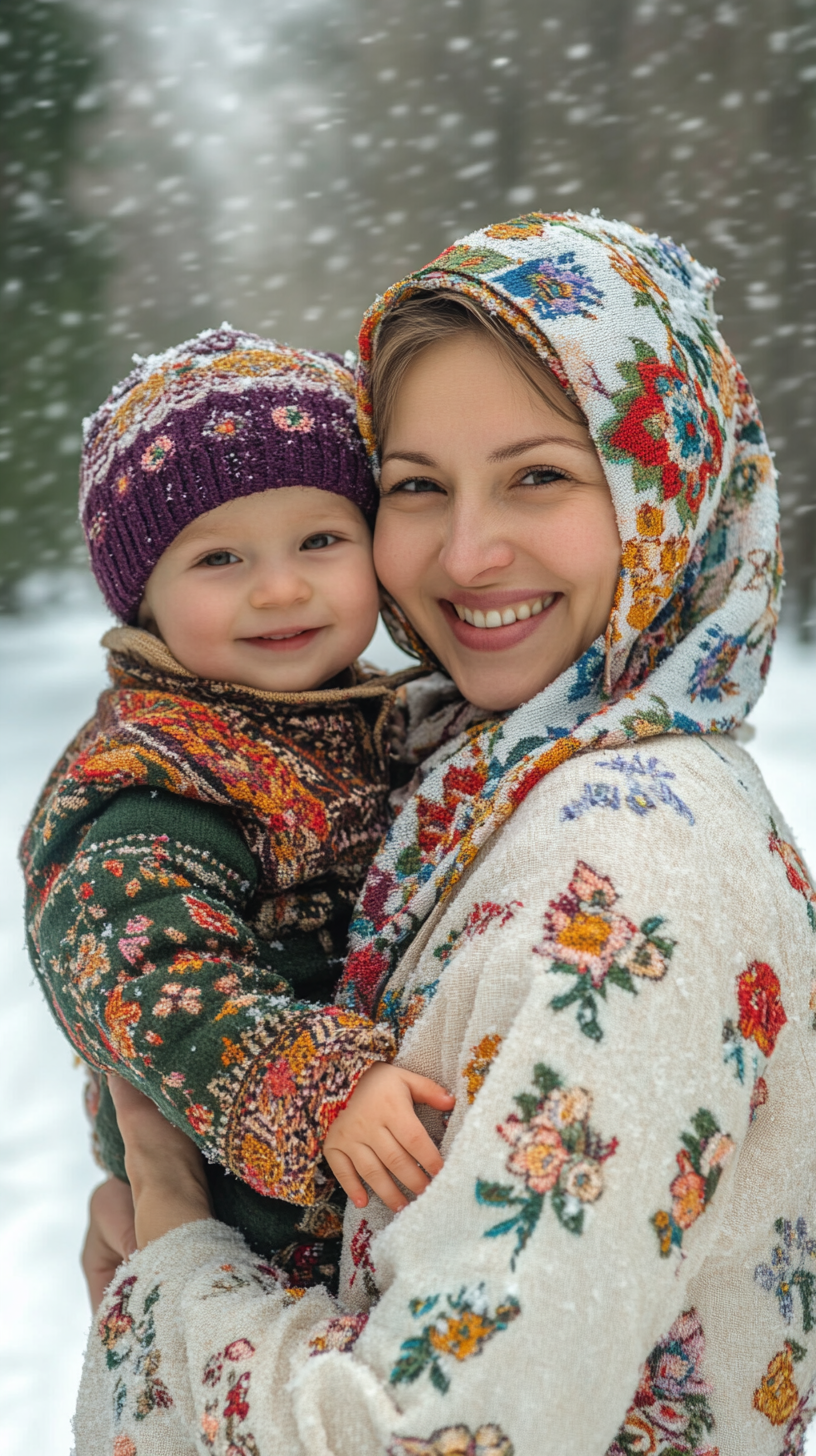 A Ukrainian mother and her young son smile warmly at the camera, dressed in thick, traditional winter clothing