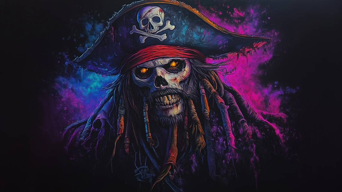 High-definition tattoo of zombie pirate Captain Jack Sparrow with black and gray shading, vibrant colors