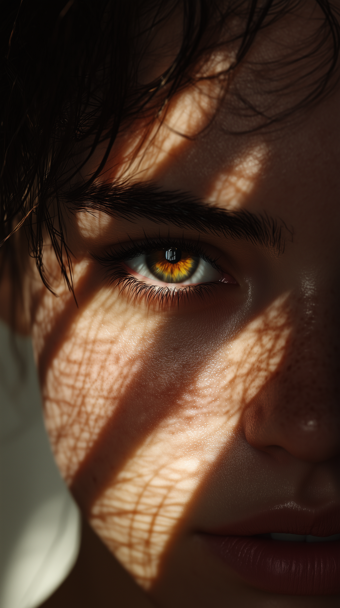 Close-up of person’s face with shadows on one side, highlighting intense eyes in cinematic style