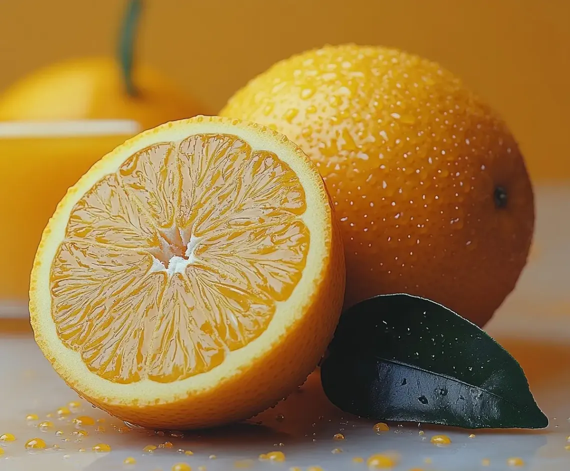 Close-up image of neat, uniform slices of a juicy orange with a vibrant green leaf on a simple background.