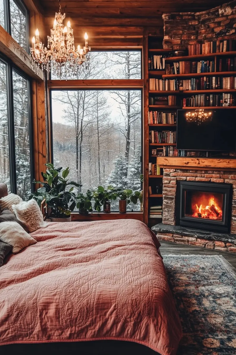 Cozy and warm bedroom with a large bed and a fireplace, suggesting a relaxing and peaceful atmosphere.