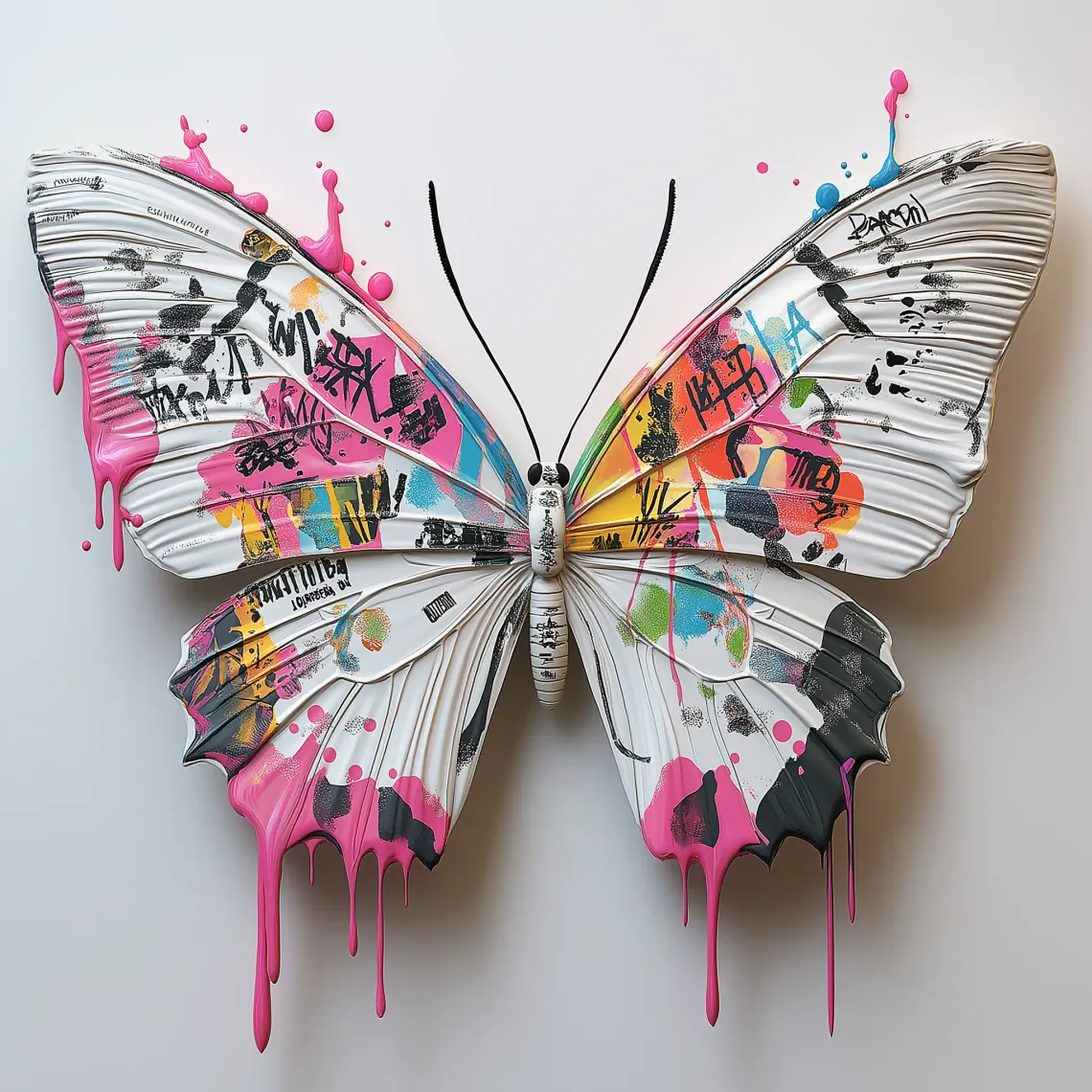 Macro butterfly wings with vibrant neon graffiti patterns and textures.